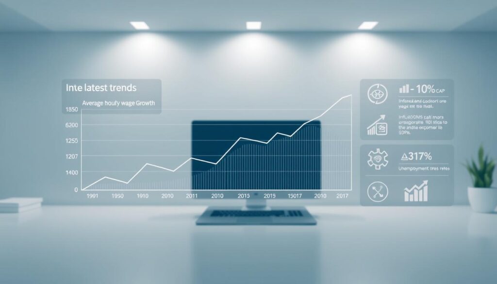 A detailed infographic showcasing the latest trends in average hourly wage growth, set against a backdrop of economic indicators. The foreground features a line graph charting wage growth over time, with relevant data points and labels. The middle ground displays a series of icons and visualizations representing key economic metrics such as GDP, inflation, and unemployment rates. The background is a clean, minimalist workspace with geometric shapes and subtle lighting, creating a professional, data-driven atmosphere. The overall composition is balanced, with a cohesive color palette and clean, modern aesthetics to effectively convey the subject matter.