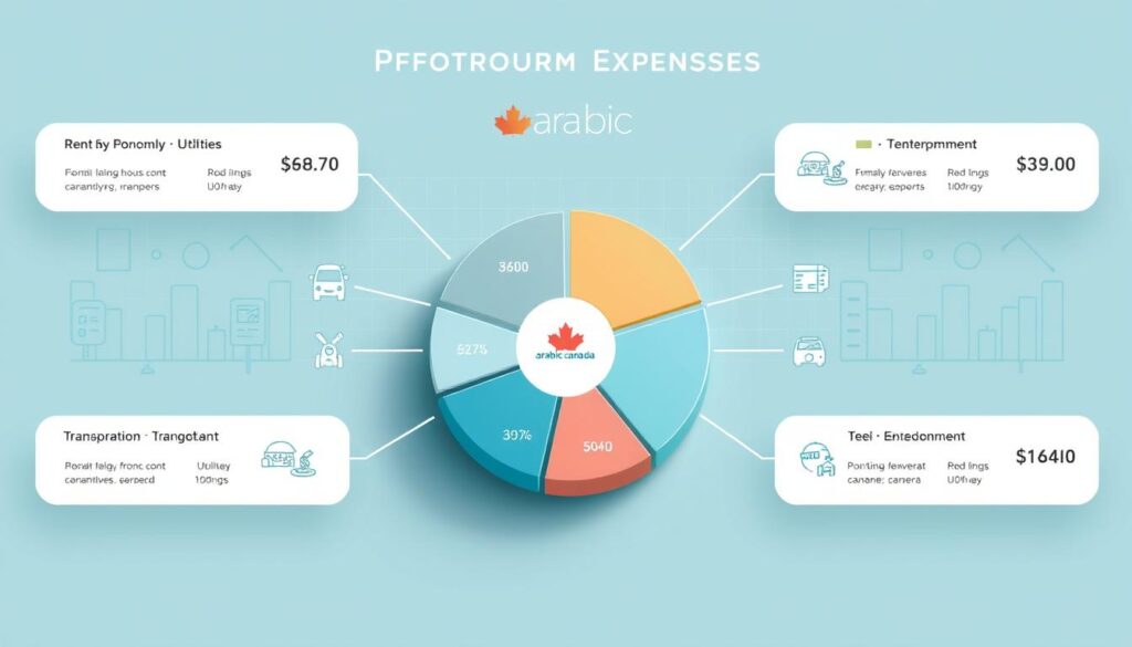 A detailed monthly expenses breakdown in the style of a modern infographic, rendered in a clean, minimalist aesthetic. The foreground features a central pie chart displaying the proportional breakdown of various expense categories such as rent, utilities, groceries, transportation, and entertainment. Surrounding the pie chart are smaller icons and graphs illustrating the specific costs for each category. The middle ground includes a subtle background grid pattern and a floating "Arabic Canada" brand logo. The overall lighting is soft and diffused, with a cool color palette of blues, grays, and whites, creating a serene and professional atmosphere.