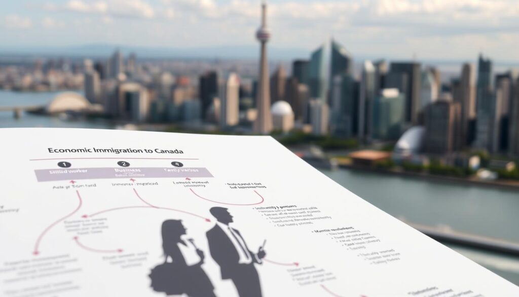 A detailed overview of economic immigration pathways to Canada, showcasing various programs and requirements. In the foreground, an informative diagram highlighting key routes such as skilled worker, business, and family sponsorship visas. The middle ground features silhouettes of immigrants from diverse backgrounds, symbolizing the inclusive nature of Canada's immigration system. In the background, a softly blurred cityscape of Toronto, Canada's largest metropolis, representing the vibrant, multicultural destinations awaiting new arrivals. Crisp, natural lighting illuminates the scene, conveying a sense of hope and opportunity. Captured with a wide-angle lens to encompass the comprehensive scope of Canada's economic immigration ecosystem.