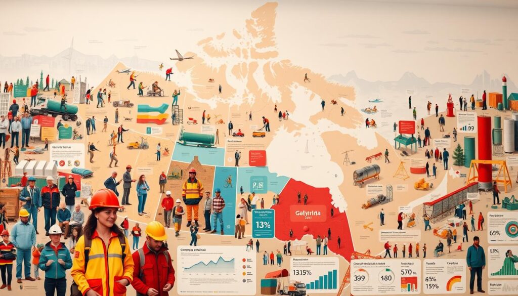 A detailed, panoramic landscape depicting the diverse regional employment patterns and provincial insights across Canada. In the foreground, a vibrant collage of workers in various occupations and industries, each representing the unique economic drivers of their respective provinces. The middle ground showcases a series of intricate data visualizations and infographics, providing insights into employment trends, labor market dynamics, and the diverse job opportunities available. In the background, a stylized rendering of the Canadian map, with provinces and territories delineated, highlighting the interconnected nature of the country's job market. The scene is illuminated by a soft, warm light, creating an atmosphere of thoughtful contemplation and data-driven analysis.