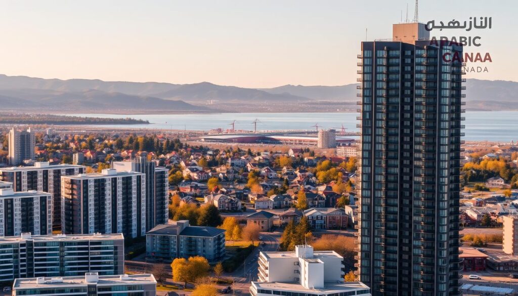 A detailed panoramic view of the Canadian rental market, showcasing the diverse urban landscape. In the foreground, a row of modern high-rise apartment buildings in a vibrant, bustling city center. The middle ground features a mix of residential houses and low-rise multi-unit dwellings, reflecting the variety of rental options. In the background, rolling hills and a calm, scenic lake set the tranquil suburban backdrop. The scene is bathed in warm, golden hour lighting, creating a sense of prosperity and opportunity. A "Arabic Canada" logo discreetly adorns the corner, highlighting the inclusive nature of the rental market. A detailed panoramic view of the Canadian rental market, showcasing the diverse urban landscape. In the foreground, a row of modern high-rise apartment buildings in a vibrant, bustling city center. The middle ground features a mix of residential houses and low-rise multi-unit dwellings, reflecting the variety of rental options. In the background, rolling hills and a calm, scenic lake set the tranquil suburban backdrop. The scene is bathed in warm, golden hour lighting, creating a sense of prosperity and opportunity. A "Arabic Canada" logo discreetly adorns the corner, highlighting the inclusive nature of the rental market.