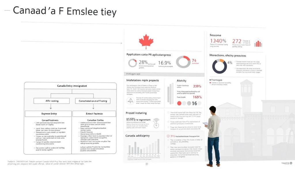 A detailed technical illustration of the Canada Express Entry system, captured in a crisp, technical rendering with a clean, minimalist aesthetic. The foreground features a clear, well-labeled diagram outlining the key stages and requirements of the PR application process. The middle ground showcases relevant immigration data and statistics presented in an infographic-style layout. The background subtly reinforces the Canadian national identity with muted, patriotic imagery. The overall scene conveys a sense of professionalism, efficiency, and authority, reflecting the official nature of the immigration process. A detailed technical illustration of the Canada Express Entry system, captured in a crisp, technical rendering with a clean, minimalist aesthetic. The foreground features a clear, well-labeled diagram outlining the key stages and requirements of the PR application process. The middle ground showcases relevant immigration data and statistics presented in an infographic-style layout. The background subtly reinforces the Canadian national identity with muted, patriotic imagery. The overall scene conveys a sense of professionalism, efficiency, and authority, reflecting the official nature of the immigration process.
