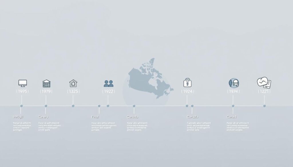 A detailed timeline depicting the key stages of the Canadian immigration process, rendered in a crisp, technical illustration style. The foreground features a series of icons and infographic elements, clearly outlining the step-by-step journey, from initial application to final arrival. The middle ground showcases a minimalist world map, highlighting Canada's geographic location. The background is a clean, neutral gradient, creating a sense of focus and professionalism. Subtle metallic accents and cool-toned color palette convey the reliable, government-backed nature of the process. Precise, architectural lines and an isometric perspective lend an air of precision and authority to the overall composition.