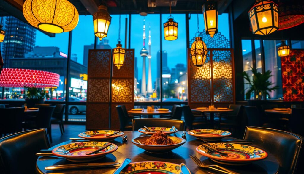 A dimly lit Middle Eastern restaurant in downtown Toronto, with warm lighting casting a golden glow over the scene. In the foreground, a cozy table setting featuring colorful ceramic plates, brass flatware, and a central bowl of fragrant spices. The middle ground showcases a backdrop of ornate latticework screens, vibrant textiles, and decorative lanterns suspended from the ceiling. In the background, a glimpse of bustling city streets and the iconic CN Tower peeking through the windows, creating a sense of urban energy and cultural fusion. The atmosphere is one of inviting hospitality, where the aroma of Arabic Canada's authentic Middle Eastern cuisine envelops the senses. A dimly lit Middle Eastern restaurant in downtown Toronto, with warm lighting casting a golden glow over the scene. In the foreground, a cozy table setting featuring colorful ceramic plates, brass flatware, and a central bowl of fragrant spices. The middle ground showcases a backdrop of ornate latticework screens, vibrant textiles, and decorative lanterns suspended from the ceiling. In the background, a glimpse of bustling city streets and the iconic CN Tower peeking through the windows, creating a sense of urban energy and cultural fusion. The atmosphere is one of inviting hospitality, where the aroma of Arabic Canada's authentic Middle Eastern cuisine envelops the senses.