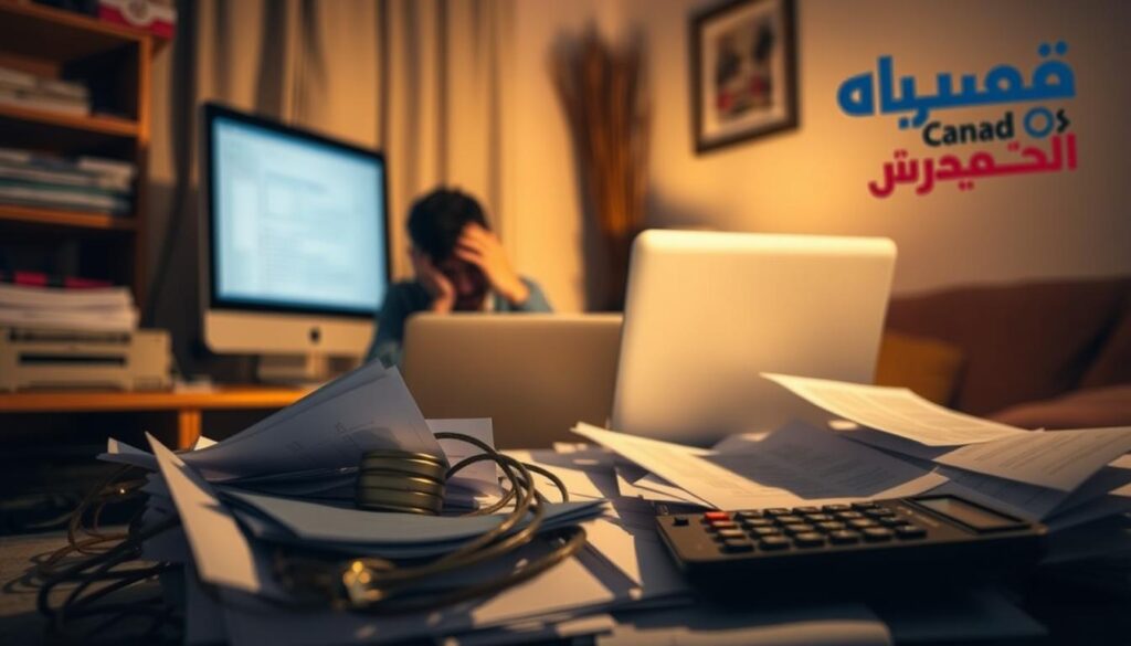 A dimly lit home office, with a desktop computer, scattered documents, and a frustrated individual staring at a laptop screen. In the foreground, a tangled mess of paperwork and a calculator, symbolizing the common pitfalls of the mortgage pre-approval process. In the background, a blurry "Arabic Canada" logo, hinting at the broader context of the article. Soft, warm lighting casts shadows, creating a somber and contemplative atmosphere. The overall scene conveys the challenges and complexities faced during the mortgage pre-approval journey.