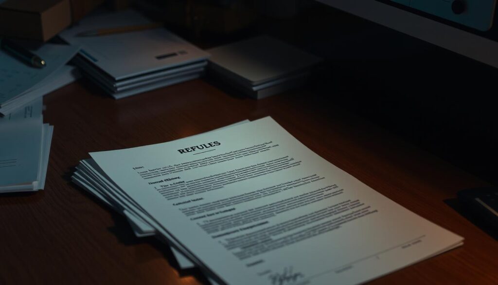 A dimly lit office desk, with a stack of GCMS (Visa Office notes) papers and an official-looking refusal letter from a Canadian immigration authority. The papers are partially scattered, hinting at a careful analysis. Soft, warm lighting casts subtle shadows, creating an atmosphere of contemplation and problem-solving. The scene conveys a sense of thoughtful examination, as if the viewer is about to delve into the nuances of the refusal, searching for a path forward in the immigration process.