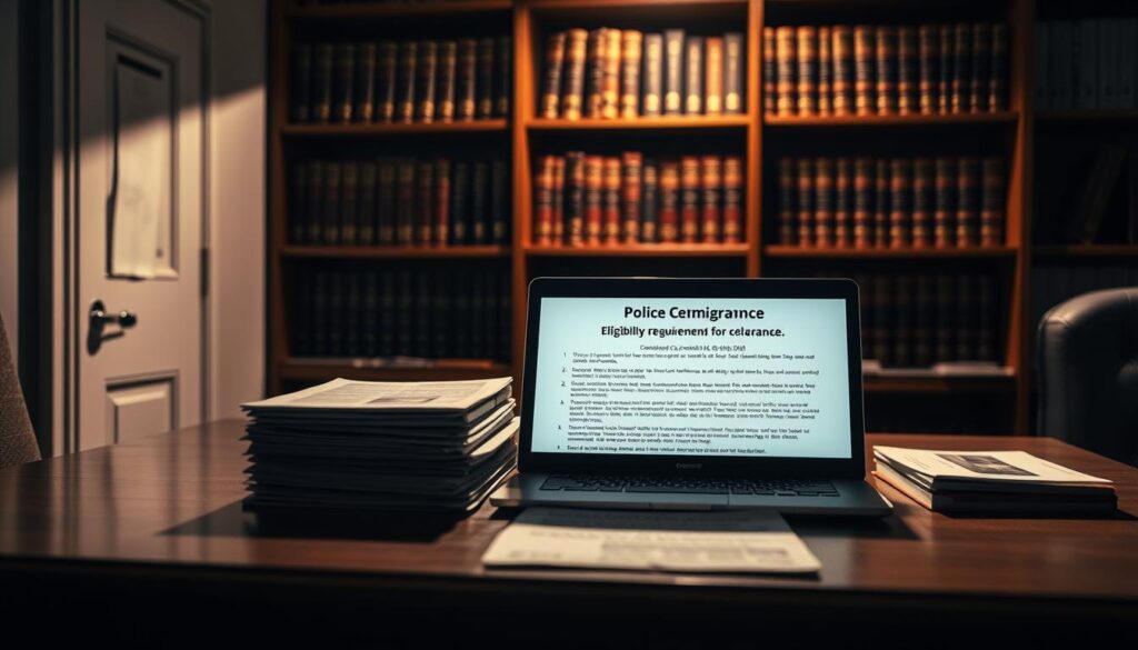 A dimly lit office interior, with an imposing desk in the foreground, showcasing a series of official documents and a laptop displaying eligibility requirements for clearance. The background features shelves filled with binders and legal tomes, conveying an atmosphere of bureaucratic authority. Soft, warm lighting casts dramatic shadows, creating a sense of seriousness and importance. The overall scene suggests the process of obtaining the necessary documentation for a police certificate, a crucial step in the Canadian immigration process for applicants from the Middle East.