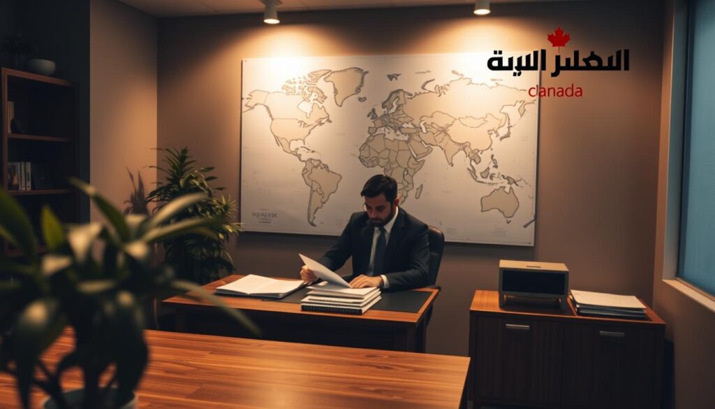 A dimly lit office interior, with an oak desk and a potted plant in the foreground. In the middle ground, a person in a suit sits at the desk, reviewing documents and files. On the wall behind them, a large world map is prominently displayed, with the "Arabic Canada" logo positioned in the top right corner. The lighting is warm and inviting, casting a gentle glow across the scene. The overall atmosphere conveys a sense of professionalism and attention to detail in the credential assessment process.