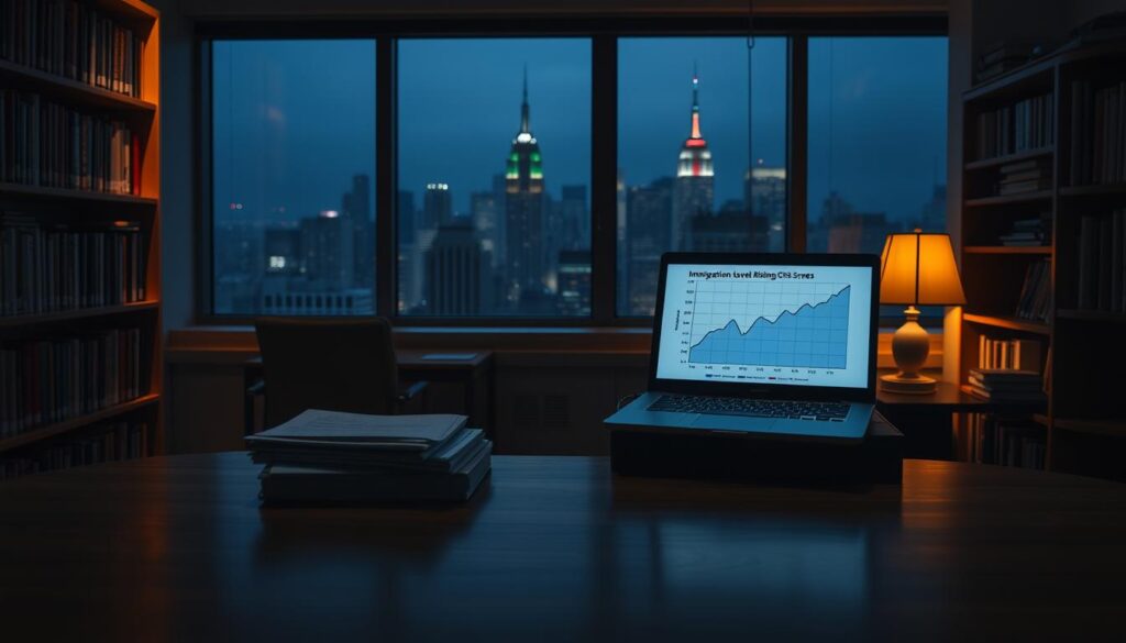 A dimly lit office setting, with a large wooden desk in the foreground. On the desk, a stack of immigration documents and a laptop display showing a graph of declining immigration levels and rising CRS scores. The middle ground features a bookshelf filled with reference materials, casting warm, subdued lighting across the scene. In the background, a window overlooking a cityscape at night, the skyline hazy and muted, conveying a sense of uncertainty and change. The overall mood is one of contemplation and concern, reflecting the complex dynamics of the immigration landscape. A dimly lit office setting, with a large wooden desk in the foreground. On the desk, a stack of immigration documents and a laptop display showing a graph of declining immigration levels and rising CRS scores. The middle ground features a bookshelf filled with reference materials, casting warm, subdued lighting across the scene. In the background, a window overlooking a cityscape at night, the skyline hazy and muted, conveying a sense of uncertainty and change. The overall mood is one of contemplation and concern, reflecting the complex dynamics of the immigration landscape.