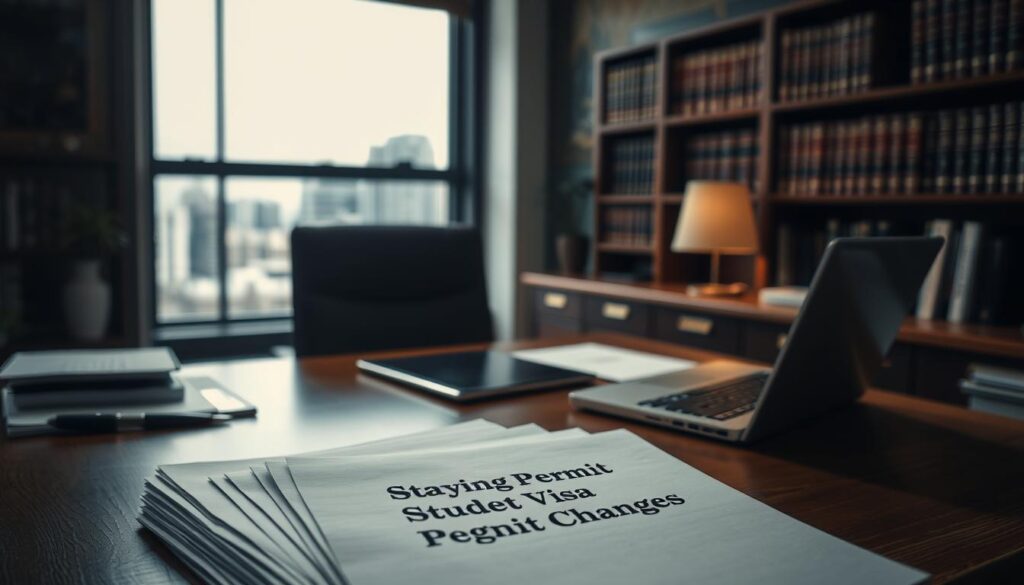 A dimly lit office space with an oak desk, a laptop, and various documents neatly arranged. In the foreground, a stack of papers labeled "Study Permit Requirements" sits prominently. The background features a bookshelf filled with legal volumes and a large window overlooking a cityscape. Soft, warm lighting casts a subtle glow, creating an atmosphere of thoughtful contemplation. The scene conveys a sense of professionalism and attention to detail, reflecting the section title "Overview of Canada Student Visa Changes 2025".