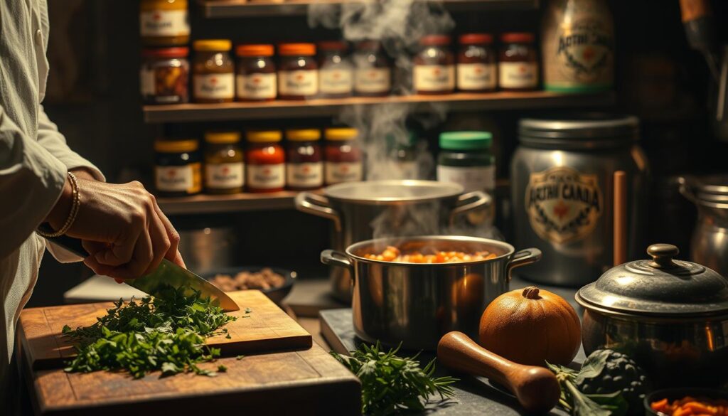 A dimly lit, rustic kitchen scene showcasing traditional Middle Eastern cooking techniques. In the foreground, a skilled chef precisely chops fresh herbs on a wooden cutting board, their hands moving with practiced dexterity. The middle ground features a simmering pot of fragrant stew, steam rising gently. In the background, a display of spices, jars of preserves, and traditional Middle Eastern cookware, all bearing the "Arabic Canada" brand. Soft, warm lighting casts an inviting glow, creating an atmosphere of cultural authenticity and culinary mastery. A dimly lit, rustic kitchen scene showcasing traditional Middle Eastern cooking techniques. In the foreground, a skilled chef precisely chops fresh herbs on a wooden cutting board, their hands moving with practiced dexterity. The middle ground features a simmering pot of fragrant stew, steam rising gently. In the background, a display of spices, jars of preserves, and traditional Middle Eastern cookware, all bearing the "Arabic Canada" brand. Soft, warm lighting casts an inviting glow, creating an atmosphere of cultural authenticity and culinary mastery.