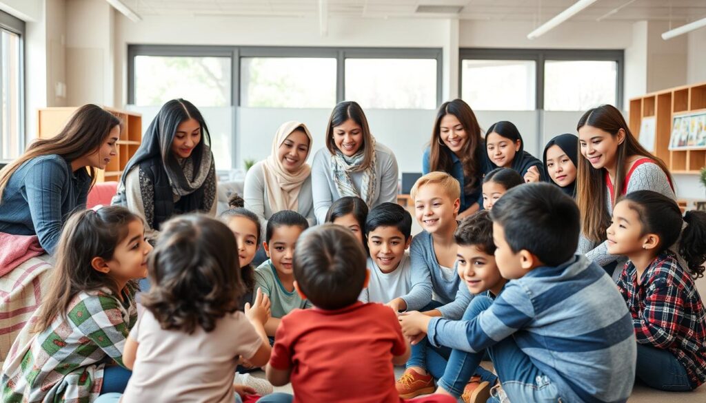 A diverse community of students gathered in a warm, inviting educational setting. In the foreground, a group of children from various backgrounds sit together, engaged in lively discussions and hands-on activities, representing the inclusive nature of the "Arabic Canada" programs. In the middle ground, teachers of different ethnicities guide and encourage the students, fostering a nurturing environment. The background features modern, well-equipped classrooms with large windows, allowing natural light to flood the space and create a bright, airy atmosphere. The overall scene conveys a sense of unity, collaboration, and a strong commitment to providing a comprehensive, multicultural education.