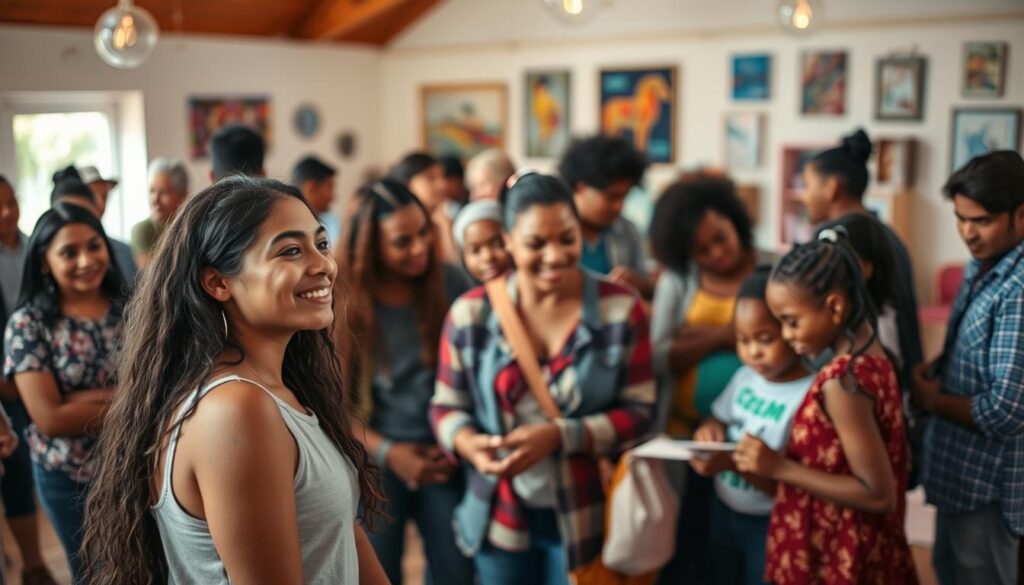 A diverse group of people gathered in a vibrant community center, engaged in lively discussions and collaborative activities. The foreground features a young woman listening intently, her face alight with enthusiasm as she interacts with her peers. In the middle ground, a mixed group of adults and children work together on a shared project, their expressions focused and collaborative. The background reveals an open, airy space filled with natural light, warm-toned furnishings, and artwork that celebrates the center's cultural heritage. The overall atmosphere conveys a sense of belonging, inclusivity, and the transformative power of community engagement. A diverse group of people gathered in a vibrant community center, engaged in lively discussions and collaborative activities. The foreground features a young woman listening intently, her face alight with enthusiasm as she interacts with her peers. In the middle ground, a mixed group of adults and children work together on a shared project, their expressions focused and collaborative. The background reveals an open, airy space filled with natural light, warm-toned furnishings, and artwork that celebrates the center's cultural heritage. The overall atmosphere conveys a sense of belonging, inclusivity, and the transformative power of community engagement.