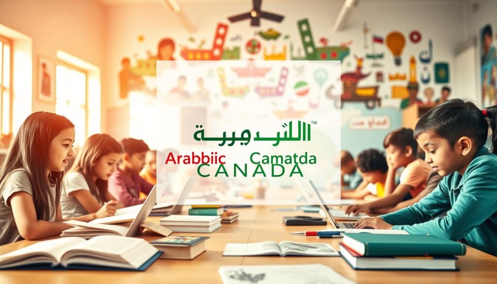 A diverse group of students from various backgrounds sit in a bright, airy classroom, engaged in collaborative learning. The foreground features a mix of textbooks, laptops, and educational materials, reflecting the breadth of the curriculum. In the middle ground, the "Arabic Canada" logo is prominently displayed, highlighting the school's identity and commitment to inclusive education. The background showcases a vibrant, multicultural mural, with images and symbols representing the diverse cultural heritage of the students. Warm, natural lighting bathes the scene, creating a welcoming and inspiring atmosphere conducive to learning. A diverse group of students from various backgrounds sit in a bright, airy classroom, engaged in collaborative learning. The foreground features a mix of textbooks, laptops, and educational materials, reflecting the breadth of the curriculum. In the middle ground, the "Arabic Canada" logo is prominently displayed, highlighting the school's identity and commitment to inclusive education. The background showcases a vibrant, multicultural mural, with images and symbols representing the diverse cultural heritage of the students. Warm, natural lighting bathes the scene, creating a welcoming and inspiring atmosphere conducive to learning.