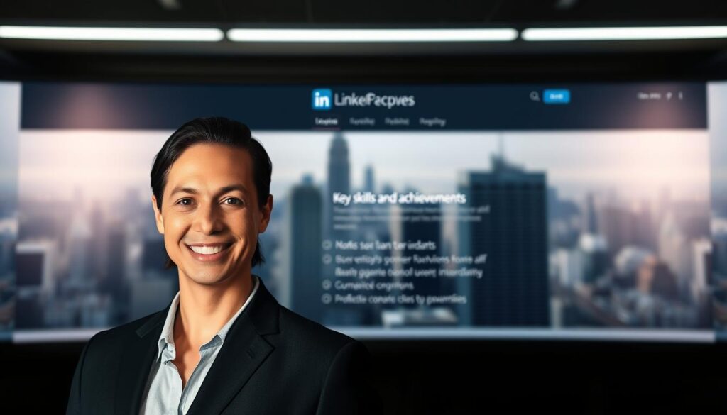 A dramatic, well-lit professional banner image showcasing an effective LinkedIn profile. In the foreground, a headshot of a confident, well-dressed individual with a warm, engaging expression, captured with a shallow depth of field. The middle ground features a clean, minimalist layout with elegant typography highlighting key skills and achievements. The background is a crisp, out-of-focus cityscape, conveying a sense of urban sophistication. Soft, directional lighting casts subtle shadows, creating depth and dimension. The overall tone is polished, aspirational, and tailored to impress prospective employers or business connections. A dramatic, well-lit professional banner image showcasing an effective LinkedIn profile. In the foreground, a headshot of a confident, well-dressed individual with a warm, engaging expression, captured with a shallow depth of field. The middle ground features a clean, minimalist layout with elegant typography highlighting key skills and achievements. The background is a crisp, out-of-focus cityscape, conveying a sense of urban sophistication. Soft, directional lighting casts subtle shadows, creating depth and dimension. The overall tone is polished, aspirational, and tailored to impress prospective employers or business connections.