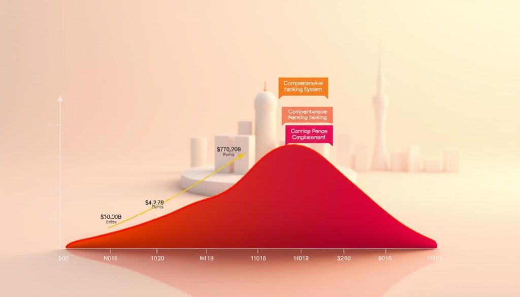 A dynamic and data-driven visualization of the Express Entry Comprehensive Ranking System (CRS) score enhancement process. In the foreground, a stylized graph depicts the incremental growth of CRS points, with vibrant colors representing the various factors that contribute to the score. In the middle ground, a simplified 3D model of the immigration system showcases the different pathways and eligibility requirements. The background features a minimalist cityscape, symbolizing the opportunities and achievements that await successful Express Entry candidates. Soft, warm lighting casts a sense of optimism and progress, while the composition balances technical precision with an aspirational tone.