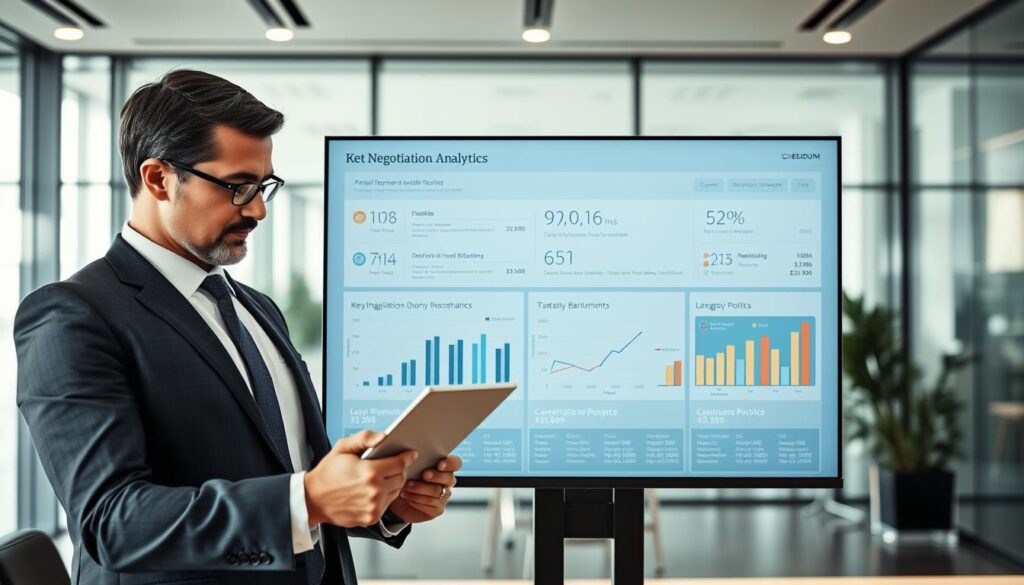A dynamic data visualization dashboard showcases comprehensive negotiation analytics. In the foreground, a well-dressed professional examines detailed salary reports and market research on a sleek, high-resolution display. The middle ground features a minimalist, yet impactful infographic highlighting key negotiation leverage points, such as industry benchmarks and performance metrics. The background depicts a sophisticated office environment with floor-to-ceiling windows, crisp lighting, and a subtle color palette that evokes a sense of strategic prowess and informed decision-making. A dynamic data visualization dashboard showcases comprehensive negotiation analytics. In the foreground, a well-dressed professional examines detailed salary reports and market research on a sleek, high-resolution display. The middle ground features a minimalist, yet impactful infographic highlighting key negotiation leverage points, such as industry benchmarks and performance metrics. The background depicts a sophisticated office environment with floor-to-ceiling windows, crisp lighting, and a subtle color palette that evokes a sense of strategic prowess and informed decision-making.