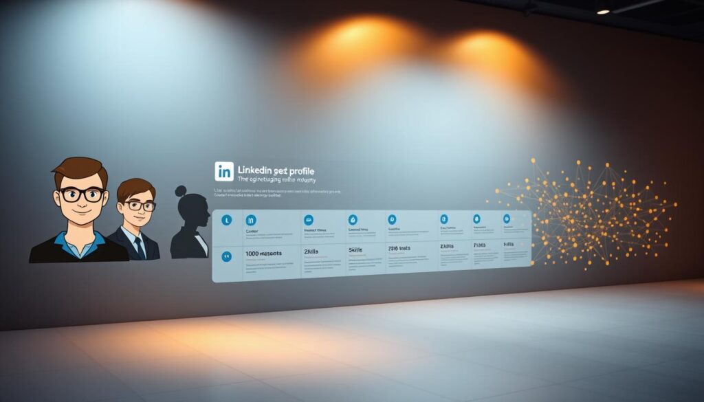 A dynamic evolution of a LinkedIn profile, set against a sleek, minimalist backdrop. In the foreground, a stylized avatar morphs through a sequence of increasingly professional headshots, reflecting the user's personal branding journey. The middle ground showcases a fluid timeline of career milestones, skills, and endorsements, rendered in a clean, data-visualization style. In the background, a subtle matrix of network connections pulses with activity, hinting at the power of a robust professional network. Warm, directional lighting illuminates the scene, creating a sense of depth and emphasis. The overall mood conveys the transformative power of a well-crafted LinkedIn presence, a visual metaphor for career growth and personal development. A dynamic evolution of a LinkedIn profile, set against a sleek, minimalist backdrop. In the foreground, a stylized avatar morphs through a sequence of increasingly professional headshots, reflecting the user's personal branding journey. The middle ground showcases a fluid timeline of career milestones, skills, and endorsements, rendered in a clean, data-visualization style. In the background, a subtle matrix of network connections pulses with activity, hinting at the power of a robust professional network. Warm, directional lighting illuminates the scene, creating a sense of depth and emphasis. The overall mood conveys the transformative power of a well-crafted LinkedIn presence, a visual metaphor for career growth and personal development.