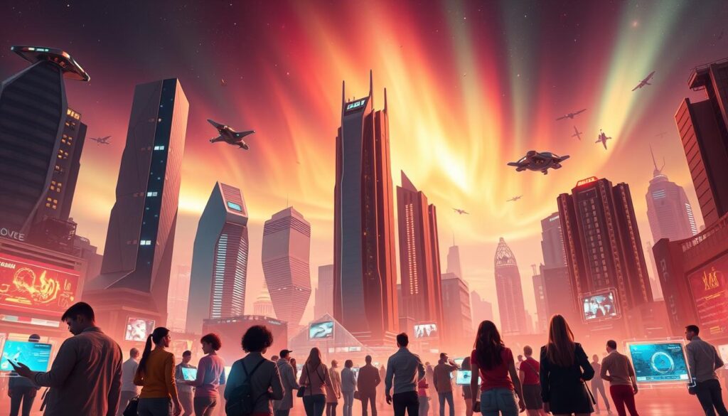 A dynamic futuristic cityscape, bathed in a warm, vibrant glow. In the foreground, a diverse group of individuals navigate holographic interfaces, embodying the spirit of innovation. The midground features towering skyscrapers with sleek, geometric designs, their facades adorned with digital displays. In the background, a stunning aurora borealis-like phenomenon illuminates the night sky, creating an ethereal atmosphere. Subtle hints of advanced transportation, such as hovering vehicles, suggest a world on the cusp of technological breakthroughs. The overall scene conveys a sense of progress, collaboration, and the limitless potential of the innovation era.