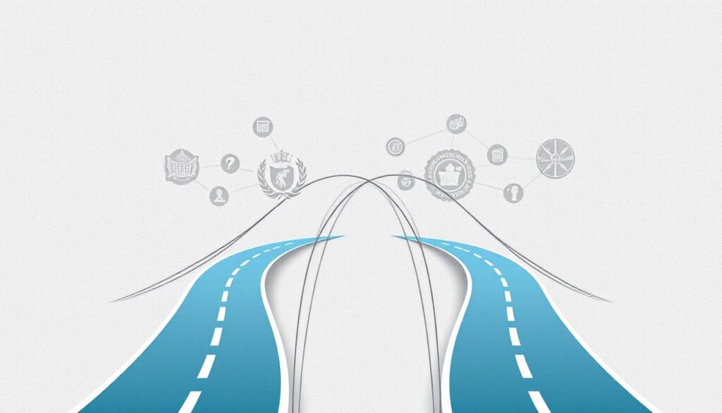 A dynamic, visually striking illustration of the distinct federal and provincial immigration pathways in Canada. Set against a subtly textured, muted backdrop, the foreground depicts two parallel paths diverging, representing the federal and provincial streams. The federal pathway is adorned with elegant government insignia, while the provincial counterpart features unique provincial emblems. Intersecting these paths are various immigration-related icons and symbols, conveying the complexity and nuance of Canada's business immigration programs. The overall composition is balanced, with a sense of depth and direction, guiding the viewer's eye towards the central focus. Soft, directional lighting casts subtle shadows, lending an air of authority and professionalism to the scene. A dynamic, visually striking illustration of the distinct federal and provincial immigration pathways in Canada. Set against a subtly textured, muted backdrop, the foreground depicts two parallel paths diverging, representing the federal and provincial streams. The federal pathway is adorned with elegant government insignia, while the provincial counterpart features unique provincial emblems. Intersecting these paths are various immigration-related icons and symbols, conveying the complexity and nuance of Canada's business immigration programs. The overall composition is balanced, with a sense of depth and direction, guiding the viewer's eye towards the central focus. Soft, directional lighting casts subtle shadows, lending an air of authority and professionalism to the scene.