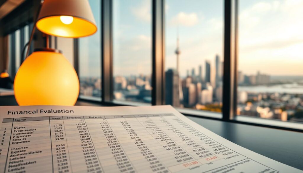 A financial evaluation spreadsheet occupies the foreground, displaying neatly organized columns and rows of income, expenses, and net worth calculations. In the middle ground, a desk lamp casts a warm glow, illuminating the spreadsheet and creating a focused workspace. In the background, a large window overlooks a cityscape, the iconic skyline of "Arabic Canada" visible in the distance. The scene conveys a sense of diligent analysis, with the financial data taking center stage, surrounded by a professional and contemplative atmosphere.