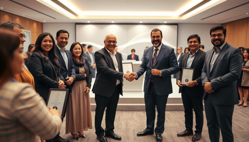 A group of Arab-Canadian entrepreneurs stand proudly in a well-lit, modern office setting, smiling and shaking hands as they accept their community awards. The foreground features the award recipients, dressed in professional attire, their expressions conveying a sense of accomplishment and pride. The middle ground showcases an elegant stage with a backdrop of sleek, minimalist decor, hinting at the prestigious nature of the event. In the background, a crowd of supporters and colleagues looks on, capturing the celebratory atmosphere. The lighting is soft and warm, creating a welcoming and inspiring ambiance that highlights the individuals' achievements and their positive impact on the community.