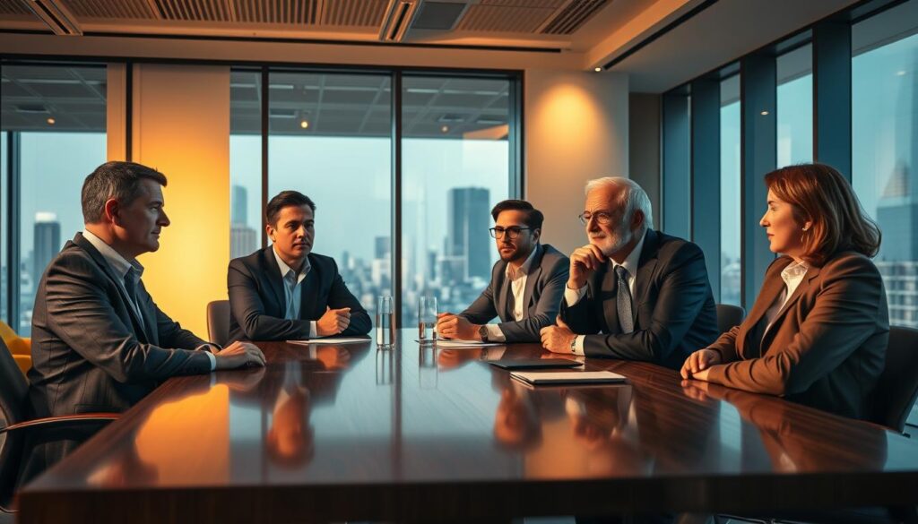 A group of industry experts seated at a polished wooden table, deep in thoughtful discussion. Warm, directional lighting casts a professional ambiance, highlighting their expressions of concentration and authority. The background is a modern, minimalist office setting with floor-to-ceiling windows overlooking a cityscape. The experts' body language conveys a sense of confidence and expertise, as if they are imparting valuable insights. The composition draws the viewer's eye to the center of the frame, where the experts are engaged in a high-level exchange of knowledge and experience. A group of industry experts seated at a polished wooden table, deep in thoughtful discussion. Warm, directional lighting casts a professional ambiance, highlighting their expressions of concentration and authority. The background is a modern, minimalist office setting with floor-to-ceiling windows overlooking a cityscape. The experts' body language conveys a sense of confidence and expertise, as if they are imparting valuable insights. The composition draws the viewer's eye to the center of the frame, where the experts are engaged in a high-level exchange of knowledge and experience.