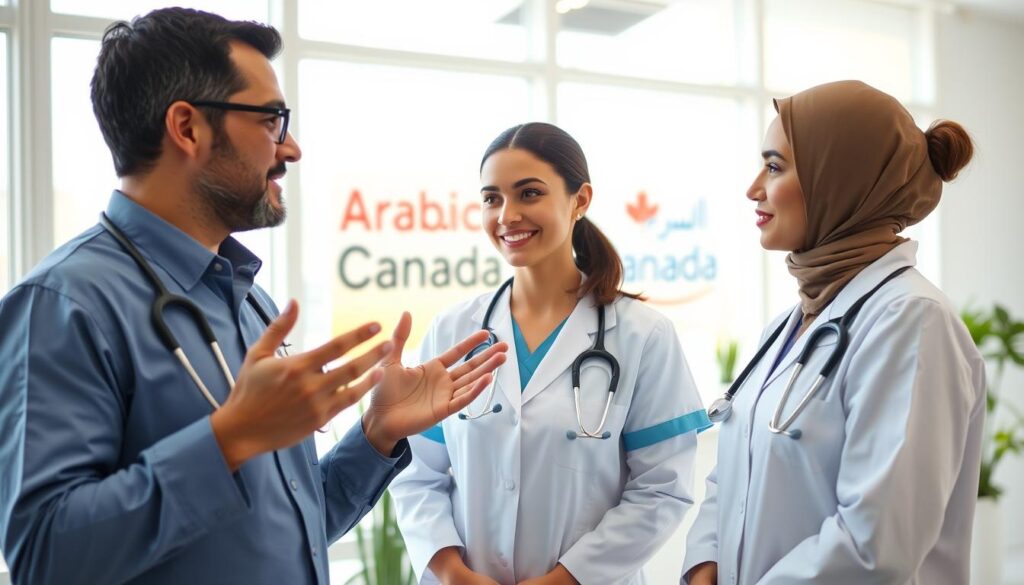 A group of three medical professionals - a male family doctor, a female nurse, and a female medical assistant - collaborating in a bright, modern healthcare office. The doctor is gesturing while the nurse and assistant listen attentively. They are dressed in professional medical attire. The room has large windows letting in natural light, with a "Arabic Canada" sign visible in the background. The atmosphere conveys a sense of teamwork, patient-centered care, and efficient workflow.