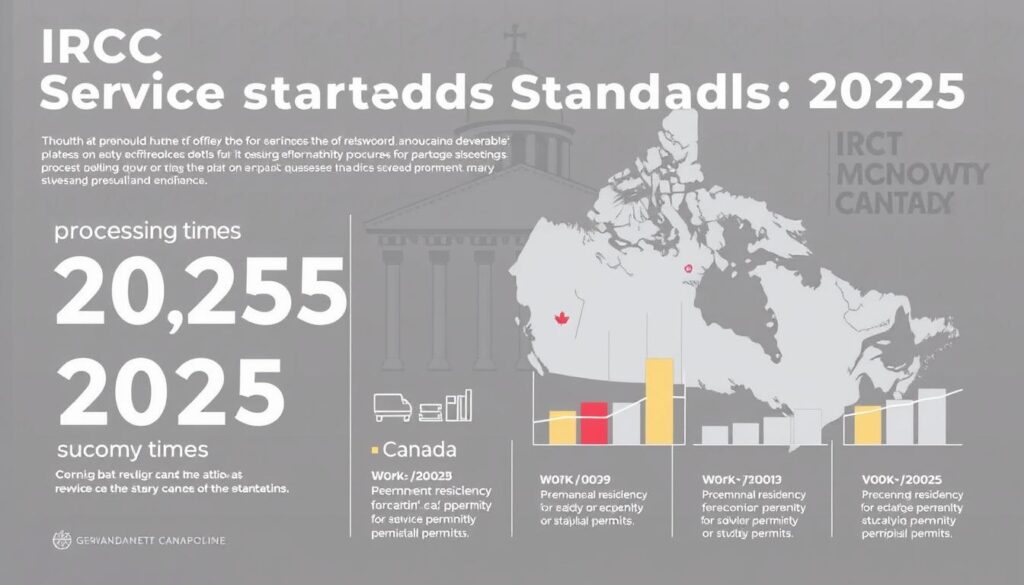 A high-contrast, detailed infographic showcasing IRCC's projected service standards for 2025. The main focus is a sleek, data-driven visualization with clean typography and color-coded statistics. In the middle ground, there are precise icons and graphs highlighting key processing times for permanent residency, work permits, and study permits. The background features a subtle government-style geometric pattern in muted tones, conveying a sense of authority and professionalism. The overall mood is one of clarity, precision, and a forward-looking, service-oriented approach to immigration processing. A high-contrast, detailed infographic showcasing IRCC's projected service standards for 2025. The main focus is a sleek, data-driven visualization with clean typography and color-coded statistics. In the middle ground, there are precise icons and graphs highlighting key processing times for permanent residency, work permits, and study permits. The background features a subtle government-style geometric pattern in muted tones, conveying a sense of authority and professionalism. The overall mood is one of clarity, precision, and a forward-looking, service-oriented approach to immigration processing.