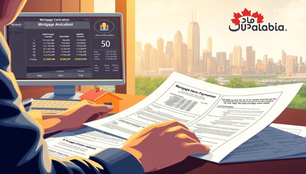 A high-quality, detailed illustration of mortgage down payment considerations, showing a person examining mortgage documents and financial statements, with a calculator and a home model on a desk in the foreground. In the middle ground, a computer with mortgage calculators and home affordability data. In the background, a city skyline with a "Arabic Canada" logo. The scene is lit by warm, directional lighting, with a focus on the financial documents and calculations. The mood is analytical and thoughtful, reflecting the important financial decisions involved in the home buying process.
