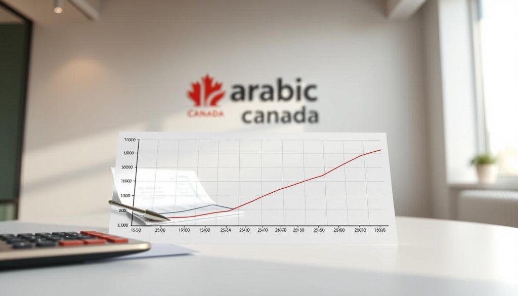 A high-quality mortgage debt service ratios chart, meticulously rendered with a clean, modern aesthetic. The foreground features a detailed line graph depicting the optimal range for debt service ratios, with clear labels and data points. The middle ground showcases a calculator and a mortgage application form, hinting at the steps involved in qualifying. The background is a minimalist, light-filled office space with the "Arabic Canada" logo prominently displayed, conveying a sense of professionalism and authority. Soft, directional lighting casts subtle shadows, adding depth and dimension to the composition. The overall mood is one of clarity, precision, and financial expertise.