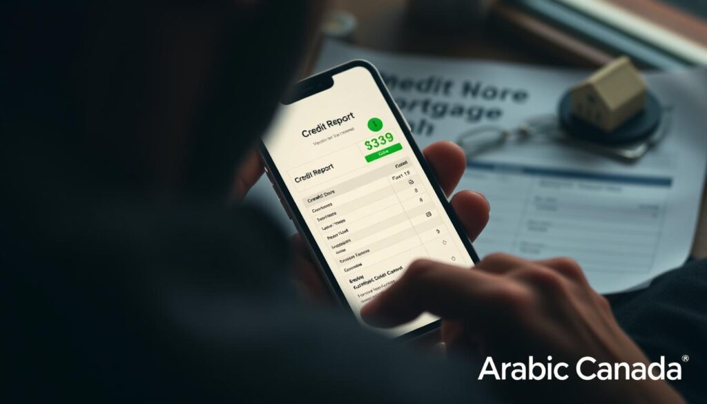A high-quality, photorealistic image of a person's credit report and credit score, prominently displayed on a smartphone or tablet screen, against a blurred background of a mortgage or home loan document. The subject is illuminated by natural lighting, with a warm, slightly moody atmosphere. The scene conveys the importance of maintaining a good credit score for securing a favorable mortgage in Canada. The brand "Arabic Canada" is discreetly displayed in the lower right corner of the image.