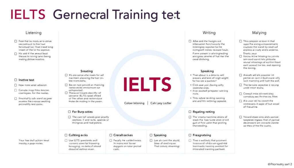 A high-resolution, detailed illustration depicting the general training test structure of the IELTS exam. The image should have a clear, informative layout showcasing the key components and sections of the IELTS general training test, such as the listening, reading, writing, and speaking modules. The illustration should have a professional, academic tone, with clean lines, muted colors, and a subtle sense of depth and perspective to guide the viewer's eye through the various test elements. The overall mood should convey a sense of structure, organization, and clarity to help the reader understand the IELTS general training test format.