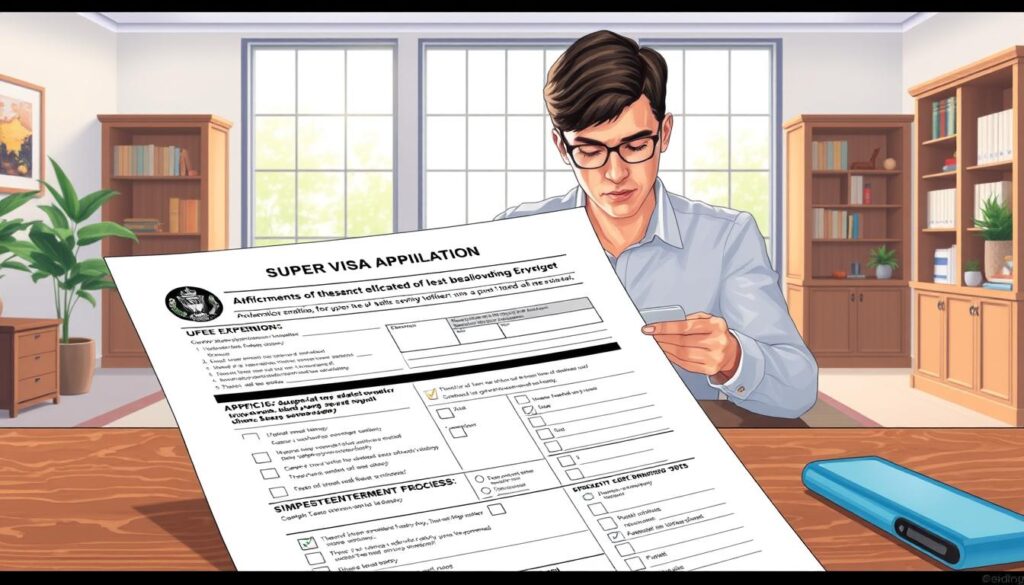 A high-resolution, detailed illustration of the step-by-step super visa application process. The foreground depicts an official government document, showcasing the various sections and checkboxes to be filled out. The middle ground features a person carefully reviewing the application, with a look of focused attention. The background depicts a serene, professional office setting with wooden furniture, bookshelves, and a large window allowing natural light to filter in, creating a sense of calm and reliability. The overall mood is one of diligence, precision, and the reassurance of a well-structured, official process. A high-resolution, detailed illustration of the step-by-step super visa application process. The foreground depicts an official government document, showcasing the various sections and checkboxes to be filled out. The middle ground features a person carefully reviewing the application, with a look of focused attention. The background depicts a serene, professional office setting with wooden furniture, bookshelves, and a large window allowing natural light to filter in, creating a sense of calm and reliability. The overall mood is one of diligence, precision, and the reassurance of a well-structured, official process.