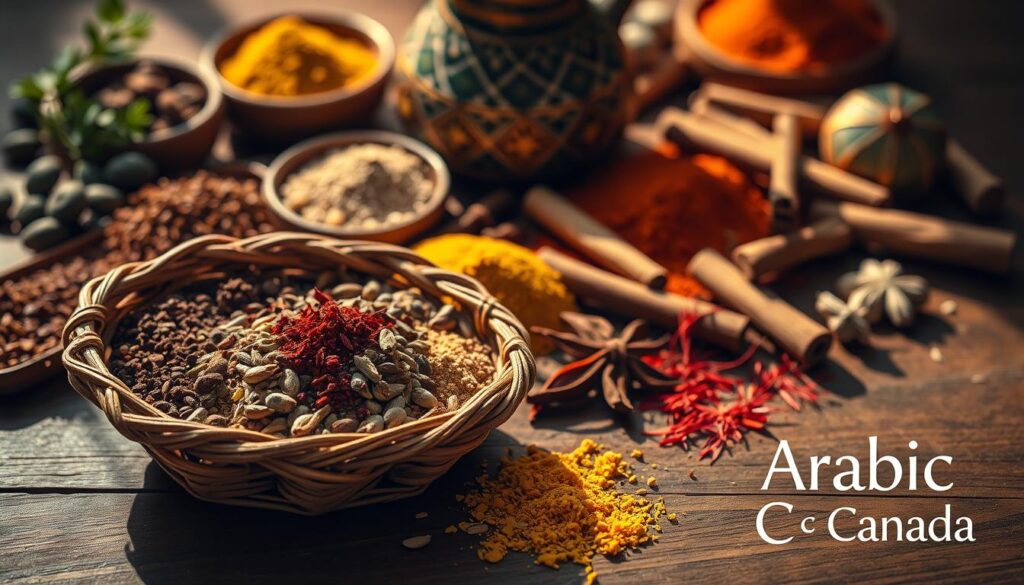 A high-resolution photograph of an assortment of traditional Middle Eastern spices, including cumin, cardamom, turmeric, coriander, cinnamon, and saffron, arranged artfully on a wooden table. The spices are illuminated by warm, natural light, casting shadows and highlighting their vibrant colors. In the foreground, a hand-woven basket holds a variety of whole and ground spices, while in the background, a traditional Arabic-style ceramic vessel sits among the spices. The overall scene conveys the rich cultural heritage and culinary importance of these timeless ingredients. In the bottom right corner, the text "Arabic Canada" is tastefully incorporated. A high-resolution photograph of an assortment of traditional Middle Eastern spices, including cumin, cardamom, turmeric, coriander, cinnamon, and saffron, arranged artfully on a wooden table. The spices are illuminated by warm, natural light, casting shadows and highlighting their vibrant colors. In the foreground, a hand-woven basket holds a variety of whole and ground spices, while in the background, a traditional Arabic-style ceramic vessel sits among the spices. The overall scene conveys the rich cultural heritage and culinary importance of these timeless ingredients. In the bottom right corner, the text "Arabic Canada" is tastefully incorporated.