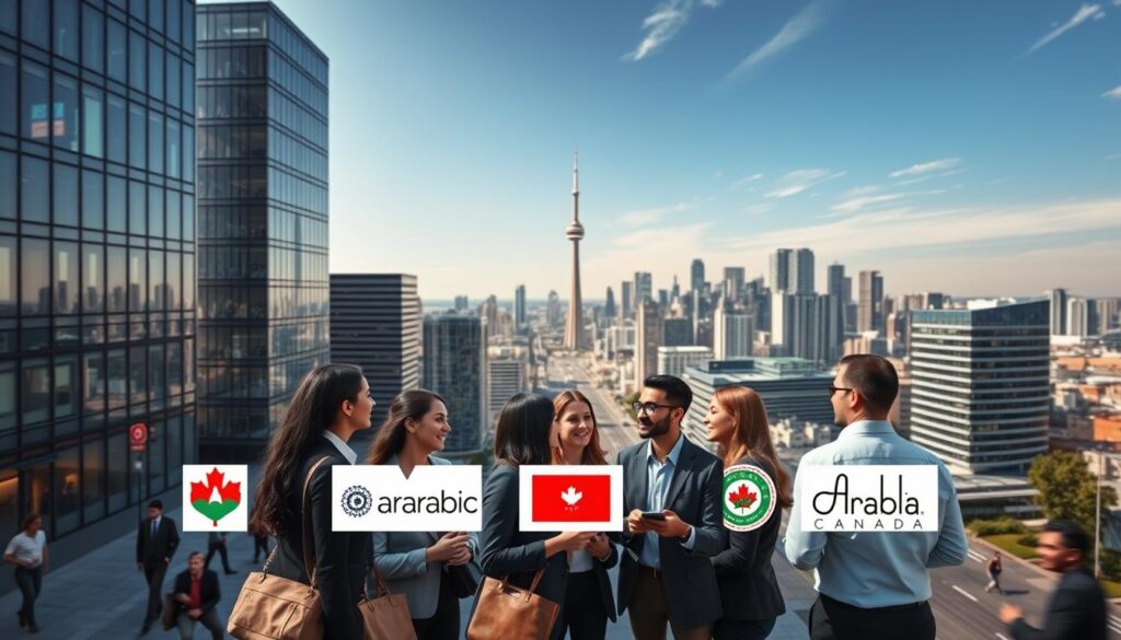 A high-rise cityscape with modern office buildings, bustling streets, and diverse professionals moving through the frame. In the foreground, a group of bilingual employees in business attire, representing a variety of industries such as technology, finance, healthcare, and hospitality. They are engaged in animated discussions, collaborating and exchanging ideas. The middle ground showcases prominent corporate logos, including "Arabic Canada", indicating the thriving industries that actively seek out bilingual talent. The background features a vibrant, sun-drenched skyline, conveying a sense of opportunity and growth. The overall scene radiates a dynamic, cosmopolitan atmosphere, reflecting the demand for multilingual professionals in Toronto's top industries.