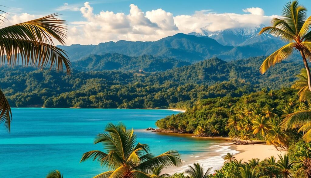 A lush, tropical landscape showcasing the vibrant destinations of South America and the Caribbean. In the foreground, a sun-drenched beach with swaying palm trees and crystal-clear turquoise waters. In the middle ground, rolling hills and dense, verdant rainforests. In the background, majestic mountain peaks capped with snow. The scene is bathed in warm, golden light, creating a sense of tranquility and adventure. Soft, wispy clouds drift overhead, and the air is filled with the scent of exotic flora. The overall mood is one of inviting exploration and relaxation, capturing the essence of these visa-free travel destinations. A lush, tropical landscape showcasing the vibrant destinations of South America and the Caribbean. In the foreground, a sun-drenched beach with swaying palm trees and crystal-clear turquoise waters. In the middle ground, rolling hills and dense, verdant rainforests. In the background, majestic mountain peaks capped with snow. The scene is bathed in warm, golden light, creating a sense of tranquility and adventure. Soft, wispy clouds drift overhead, and the air is filled with the scent of exotic flora. The overall mood is one of inviting exploration and relaxation, capturing the essence of these visa-free travel destinations.