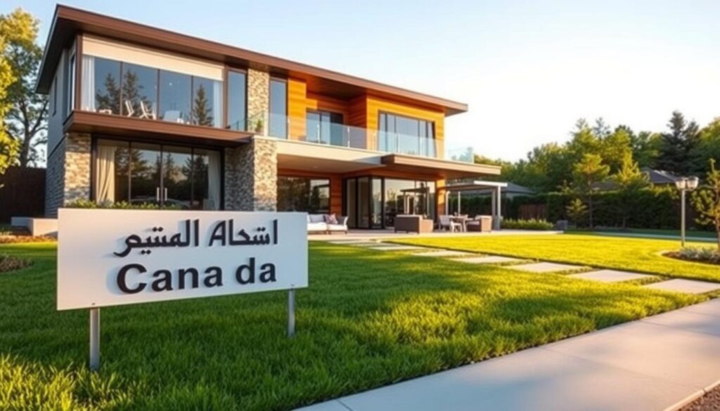 A manicured lawn leads to a modern two-story home with a sleek facade of glass, stone, and warm wood accents. The exterior is bathed in soft natural light, casting long shadows that highlight the sharp architectural lines. In the foreground, a tasteful "Arabic Canada" sign stands proudly. The middle ground showcases a spacious patio with comfortable seating, while the background reveals lush landscaping and a clear blue sky. This new construction home exudes a sense of understated elegance and forward-thinking design, capturing the essence of contemporary living.