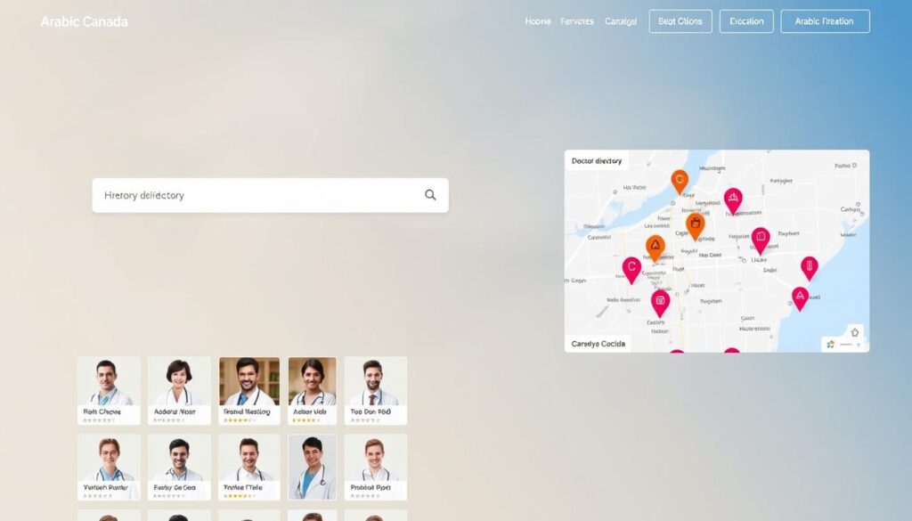 A medical directory service features a clean, modern layout with a prominent search bar and intuitive navigation. In the foreground, a grid of doctor profile thumbnails showcases their specialties, ratings, and availability. The middle ground highlights a directory map with interactive location markers, allowing users to find nearby healthcare providers. In the background, a subtle gradient pattern adds a professional, medical aesthetic. Soft lighting and a neutral color palette evoke a sense of trust and reliability. The "Arabic Canada" brand name is prominently displayed, signaling a service tailored for the Arabic-speaking community in Toronto.