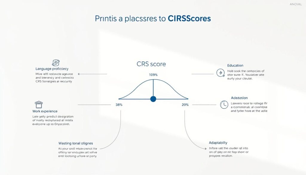 A meticulously designed diagram showcasing strategies to boost CRS score. A sleek, modern infographic against a minimalist white background, with clean typography and geometric shapes. In the foreground, key factors like language proficiency, work experience, education, and adaptability are highlighted through intuitive icons and concise descriptions. In the middle ground, a central CRS score scale serves as the focal point, surrounded by data visualizations demonstrating the impact of each factor. The background features subtle linework and a subtle color gradient, lending a sense of depth and professionalism to the overall composition. Bright, natural lighting illuminates the scene, creating depth and emphasizing the clarity of the information presented. A meticulously designed diagram showcasing strategies to boost CRS score. A sleek, modern infographic against a minimalist white background, with clean typography and geometric shapes. In the foreground, key factors like language proficiency, work experience, education, and adaptability are highlighted through intuitive icons and concise descriptions. In the middle ground, a central CRS score scale serves as the focal point, surrounded by data visualizations demonstrating the impact of each factor. The background features subtle linework and a subtle color gradient, lending a sense of depth and professionalism to the overall composition. Bright, natural lighting illuminates the scene, creating depth and emphasizing the clarity of the information presented.