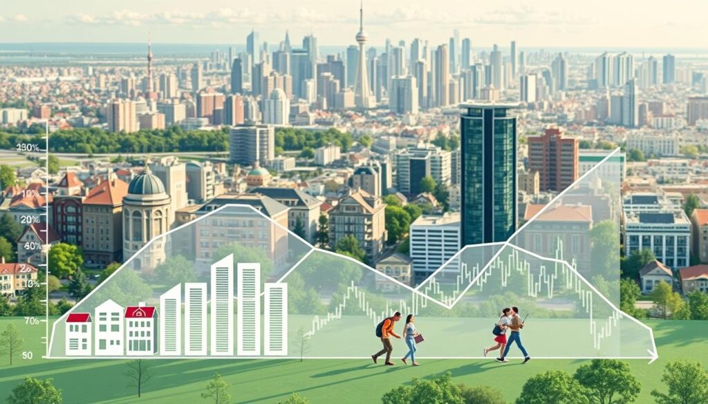 A meticulously detailed illustration of supply and demand trends in the Canadian housing market. In the foreground, a stylized graph depicts the dynamic interplay between inventory levels (inventory icons) and pricing fluctuations (line chart). The middle ground showcases a bustling real estate scene, with potential homebuyers and sellers navigating the market amidst a vibrant urban landscape. In the background, a panoramic view of the Canadian skyline, evoking the broader economic and geographical context. The lighting is soft and natural, creating a sense of balance and clarity. The overall composition conveys the complexity and importance of supply and demand dynamics in shaping the future of the Canadian housing market.