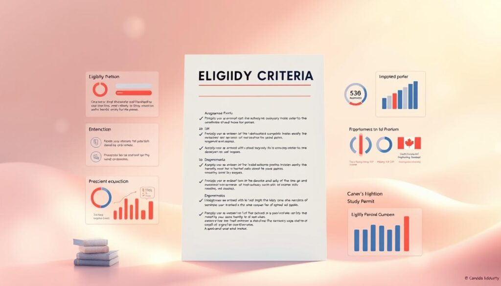 A meticulously detailed, visually striking illustration of the "Eligibility Criteria for a Study Permit" in Canada. Set against a soft, ethereal backdrop, a central document displays the key eligibility requirements in a clean, organized layout, with crisp typography and precise iconography. Surrounding this focal point, subtly-lit informational graphics and data visualizations provide further context, creating an informative, yet aesthetically pleasing composition. The overall scene conveys a sense of professionalism, clarity, and educational authority, suitable for inclusion in a high-quality article on the Canadian student visa process.