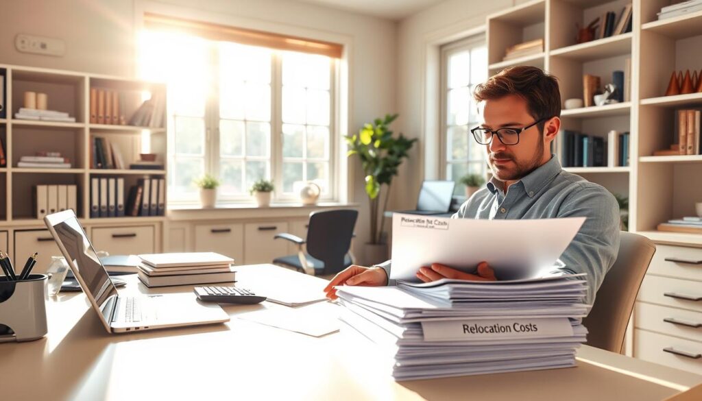 A meticulously organized home office, bathed in warm, natural light streaming through large windows. On the desk, a laptop, a calculator, and neatly stacked folders labeled "Relocation Costs". Shelves lining the walls display binders, books, and decorative accents, creating a serene and productive atmosphere. In the foreground, a person sits at the desk, intently examining financial documents, their face reflecting the focus and determination required to plan a successful move. The scene conveys a sense of control and preparedness, with the careful budgeting and attention to detail necessary for a seamless relocation.