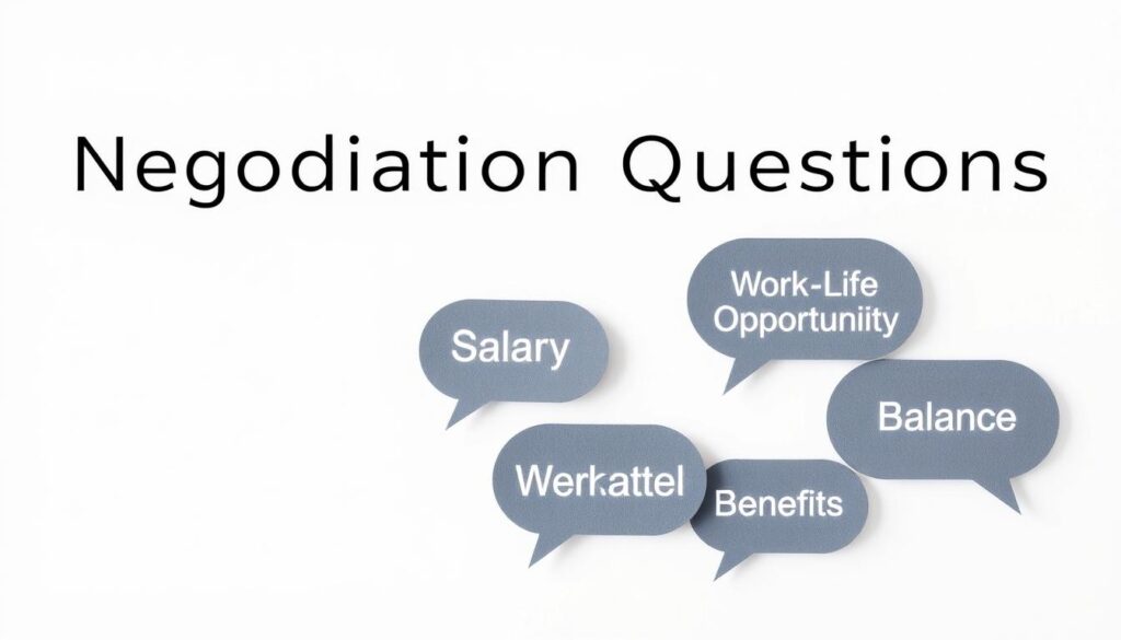 A minimalist and professional illustration of "Essential Negotiation Questions" against a clean, light background. The foreground features a series of conversation bubbles or note cards with key negotiation topics, such as "Salary Range", "Benefits", "Promotion Opportunities", and "Work-Life Balance". The bubbles are arranged neatly, subtly implying the structure and importance of these discussion points. The lighting is soft and diffused, creating a calm, focused atmosphere suitable for a career-oriented image. The overall composition is balanced and elegant, emphasizing the essential nature of these negotiation considerations. A minimalist and professional illustration of "Essential Negotiation Questions" against a clean, light background. The foreground features a series of conversation bubbles or note cards with key negotiation topics, such as "Salary Range", "Benefits", "Promotion Opportunities", and "Work-Life Balance". The bubbles are arranged neatly, subtly implying the structure and importance of these discussion points. The lighting is soft and diffused, creating a calm, focused atmosphere suitable for a career-oriented image. The overall composition is balanced and elegant, emphasizing the essential nature of these negotiation considerations.
