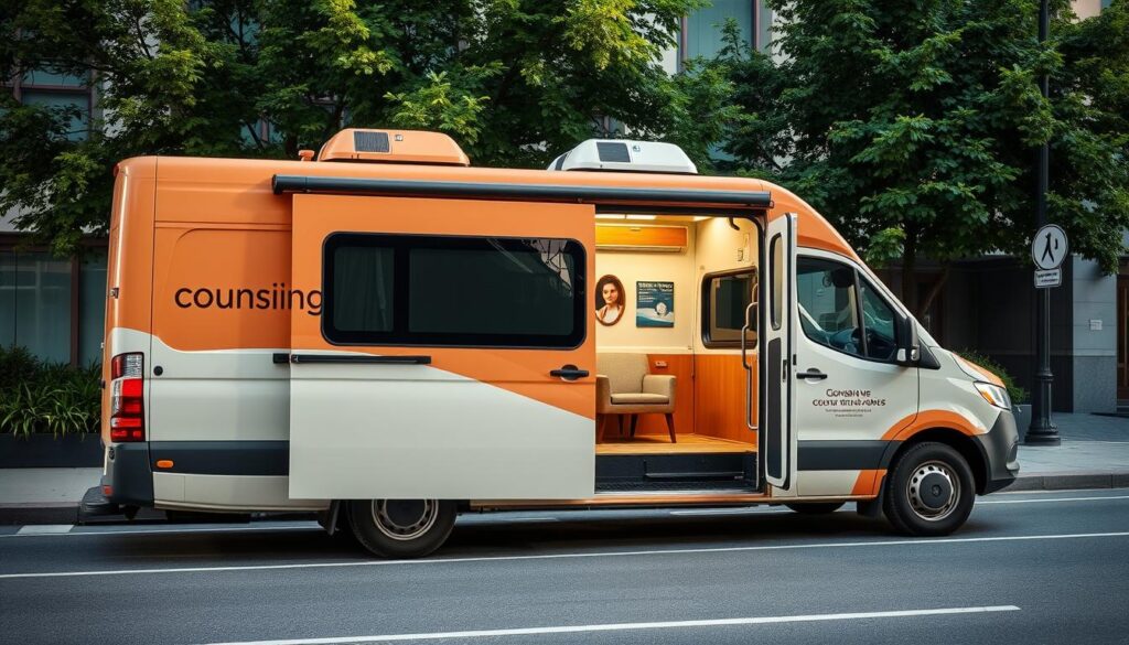 A mobile counseling van parked on a city street, its exterior adorned with warm, earthy tones and minimalist graphics that convey a sense of approachability and professionalism. The van's side door is open, revealing a cozy, well-lit interior furnished with comfortable chairs and calming decor, creating an inviting space for private counseling sessions. The van is surrounded by lush greenery and modern urban architecture, suggesting a welcoming community setting. Soft, diffused natural lighting casts a gentle glow over the scene, evoking a serene and empathetic atmosphere. A mobile counseling van parked on a city street, its exterior adorned with warm, earthy tones and minimalist graphics that convey a sense of approachability and professionalism. The van's side door is open, revealing a cozy, well-lit interior furnished with comfortable chairs and calming decor, creating an inviting space for private counseling sessions. The van is surrounded by lush greenery and modern urban architecture, suggesting a welcoming community setting. Soft, diffused natural lighting casts a gentle glow over the scene, evoking a serene and empathetic atmosphere.