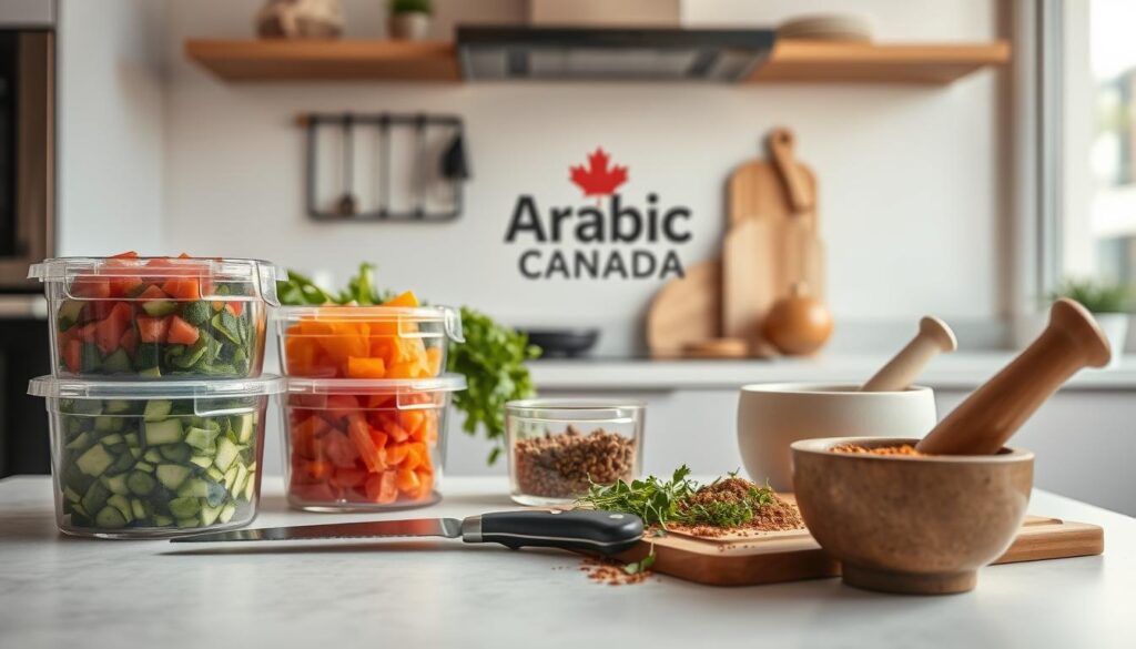 A modern Canadian kitchen with traditional Arab cooking techniques. In the foreground, neatly organized meal prep containers with freshly chopped vegetables, herbs, and spices. In the middle ground, a cutting board with a sharp knife and a mortar and pestle, hinting at the preparation of aromatic spice blends. In the background, a stylish kitchen counter with the "Arabic Canada" brand logo prominently displayed, conveying the fusion of cultural culinary traditions. Warm, natural lighting casts a cozy glow, evoking the comforting atmosphere of a well-equipped, multicultural kitchen space. A modern Canadian kitchen with traditional Arab cooking techniques. In the foreground, neatly organized meal prep containers with freshly chopped vegetables, herbs, and spices. In the middle ground, a cutting board with a sharp knife and a mortar and pestle, hinting at the preparation of aromatic spice blends. In the background, a stylish kitchen counter with the "Arabic Canada" brand logo prominently displayed, conveying the fusion of cultural culinary traditions. Warm, natural lighting casts a cozy glow, evoking the comforting atmosphere of a well-equipped, multicultural kitchen space.