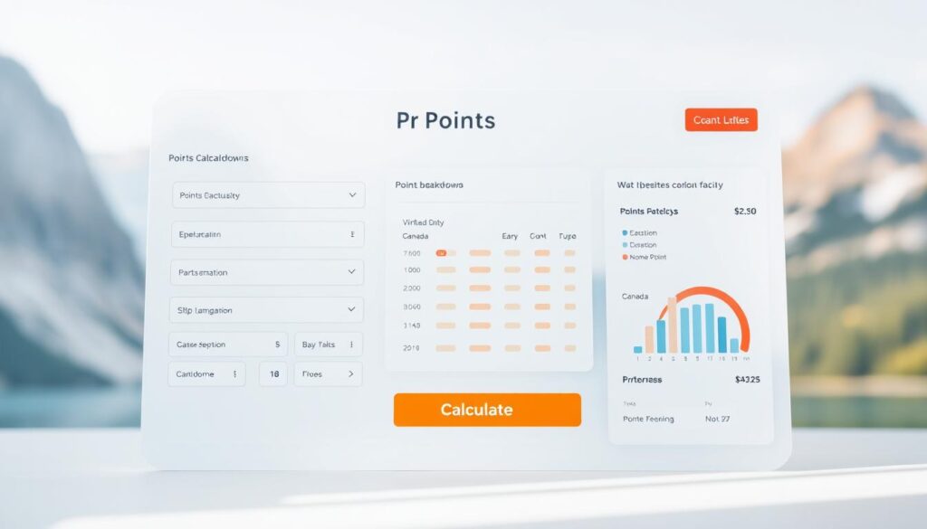 A modern and intuitive-looking Canada PR points calculator interface, with a sleek and minimalist design. The foreground features a clean calculator layout with input fields, dropdown menus, and a prominent "Calculate" button. The middle ground showcases informative visualizations like a points breakdown chart and a progress bar. The background has a subtle gradient or blurred landscape that evokes the theme of Canada's immigration landscape. The lighting is soft and natural, creating a calming and professional atmosphere. The camera angle is frontal, providing a clear and accessible view of the calculator's key functionalities. A modern and intuitive-looking Canada PR points calculator interface, with a sleek and minimalist design. The foreground features a clean calculator layout with input fields, dropdown menus, and a prominent "Calculate" button. The middle ground showcases informative visualizations like a points breakdown chart and a progress bar. The background has a subtle gradient or blurred landscape that evokes the theme of Canada's immigration landscape. The lighting is soft and natural, creating a calming and professional atmosphere. The camera angle is frontal, providing a clear and accessible view of the calculator's key functionalities.