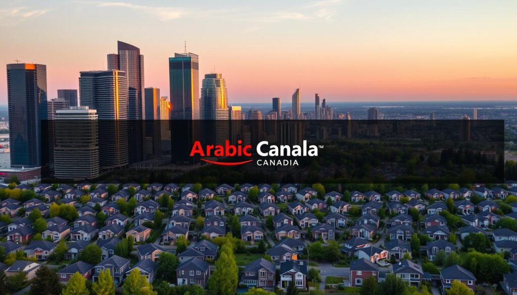 A modern city skyline at dusk, with towering glass and steel high-rises reflecting the warm sunset light. In the foreground, a series of low-rise residential neighborhoods, neatly arranged in rows, representing the Canadian housing market. The middle ground shows a mix of suburban homes and townhouses, with lush green landscaping. In the background, a panoramic view of the city, bustling with activity. The overall scene conveys a sense of growth, prosperity, and the evolving dynamics of the rent vs. buy debate in Canada. The brand "Arabic Canada" is subtly integrated into the architecture or cityscape.