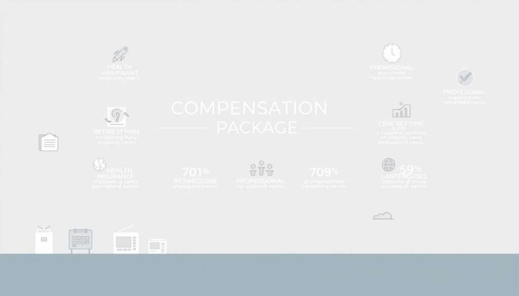 A modern, clean, minimalist illustration depicting a detailed "compensation package benefits" infographic. The foreground features various graphic icons representing common employee benefits such as health insurance, retirement plans, paid time off, and professional development opportunities. The middle ground showcases a balanced, symmetrical layout with elegant typography highlighting key benefit categories. The background has a subtle, muted gradient to create depth and focus the viewer's attention on the core information. The overall scene conveys a sense of professionalism, clarity, and the importance of comprehensive employee compensation. A modern, clean, minimalist illustration depicting a detailed "compensation package benefits" infographic. The foreground features various graphic icons representing common employee benefits such as health insurance, retirement plans, paid time off, and professional development opportunities. The middle ground showcases a balanced, symmetrical layout with elegant typography highlighting key benefit categories. The background has a subtle, muted gradient to create depth and focus the viewer's attention on the core information. The overall scene conveys a sense of professionalism, clarity, and the importance of comprehensive employee compensation.