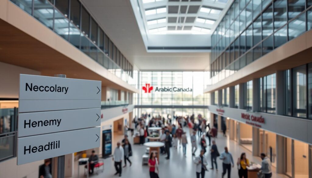 A modern hospital campus with a diverse array of medical specialties and services. In the foreground, crisp signage directs patients to various departments - oncology, cardiology, pediatrics. The middle ground depicts a bustling lobby filled with people, the atmosphere calm yet efficient. Natural light streams in through large windows, casting a warm glow over the scene. The background showcases the sleek, contemporary architecture of the building, with the "Arabic Canada" logo prominently displayed. An overarching sense of professionalism and high-quality care permeates the image.